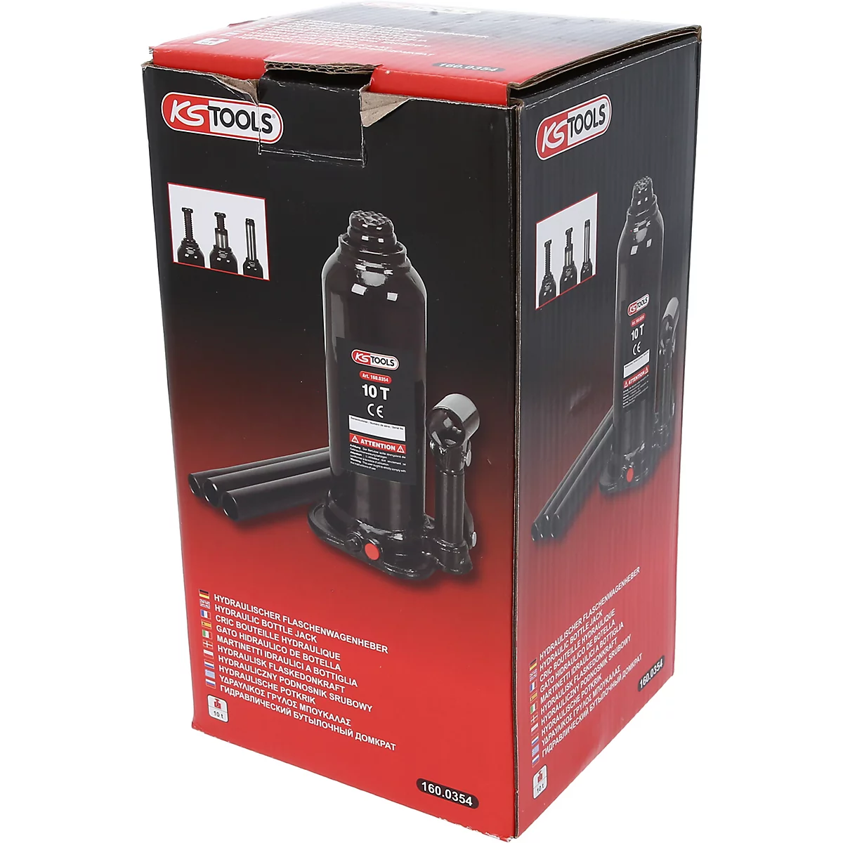 Schwarzer Wagenheber in einer Kartonverpackung, KS TOOLS Logo und Produktinformationen sind zu sehen.